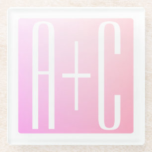 Couple's Initials Subtle Pink Gradation Glass Coaster