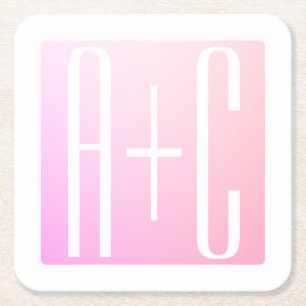 Couple's Initials Subtle Pink Gradation Square Paper Coaster