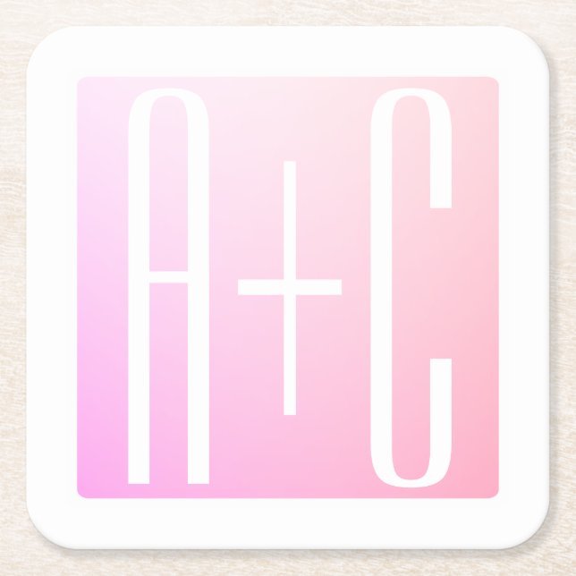 Couple's Initials | Subtle Pink Gradation Square Paper Coaster (Front)