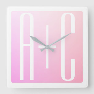 Couple's Initials Subtle Pink Gradation Square Wall Clock