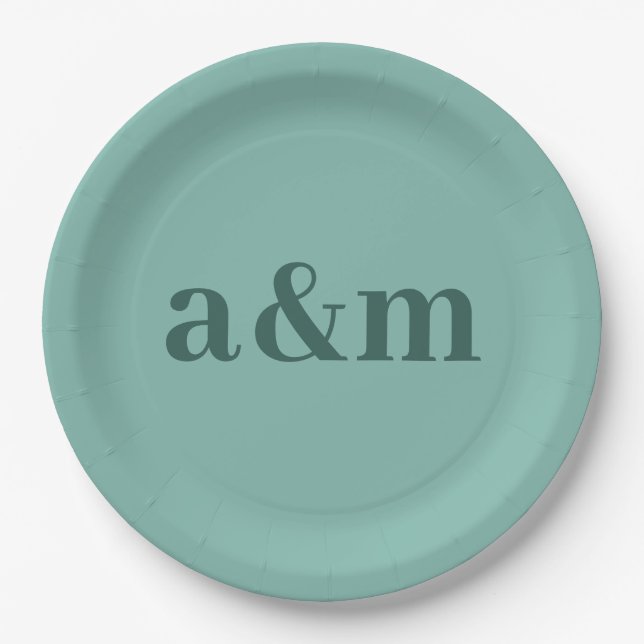 Couple's Initials Teal Blue/Dark Green Minimalist Paper Plate (Front)