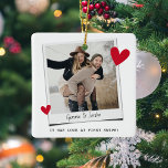 Couples Love at First Swipe’ online dating  Ceramic Ornament<br><div class="desc">Funny cute personalized gift for a couple who met through online dating! Design features a photograph of the lovebirds with the text 'It was love at first swipe!',  their names and a couple of red hearts. Design is repeated on both sides of the christmas ornament.</div>
