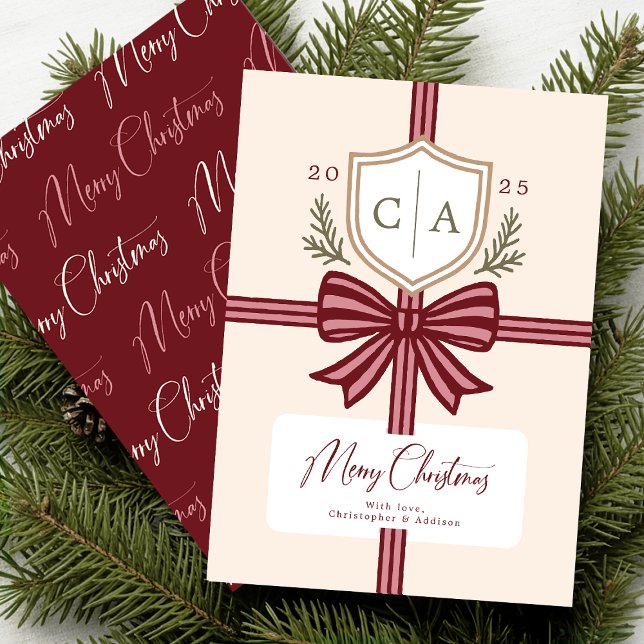 Couples Monogram Bow Rustic Non-Photo Holiday Card (Front and Back on a 5" x 7" card)