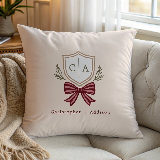 Couple's Monogram Crest Bow Christmas Throw Pillow (Creator Uploaded)