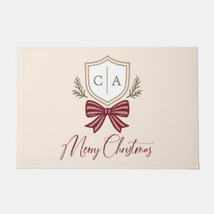 Couple's Monogram Crest Holiday Bow Christmas Doormat