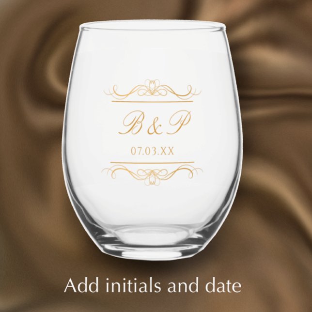 Couple's Monogram Custom Modern Elegant Gold Swirl Stemless Wine Glass (Add couple’s initials and wedding or anniversary date for elegant gold monogram glass gift.)
