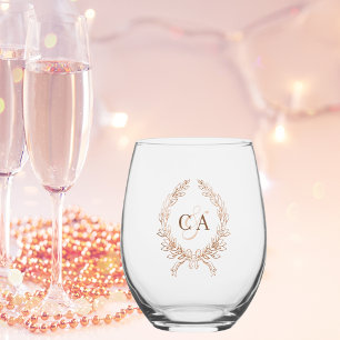 Couples monogram initials wreath rose gold stemless wine glass