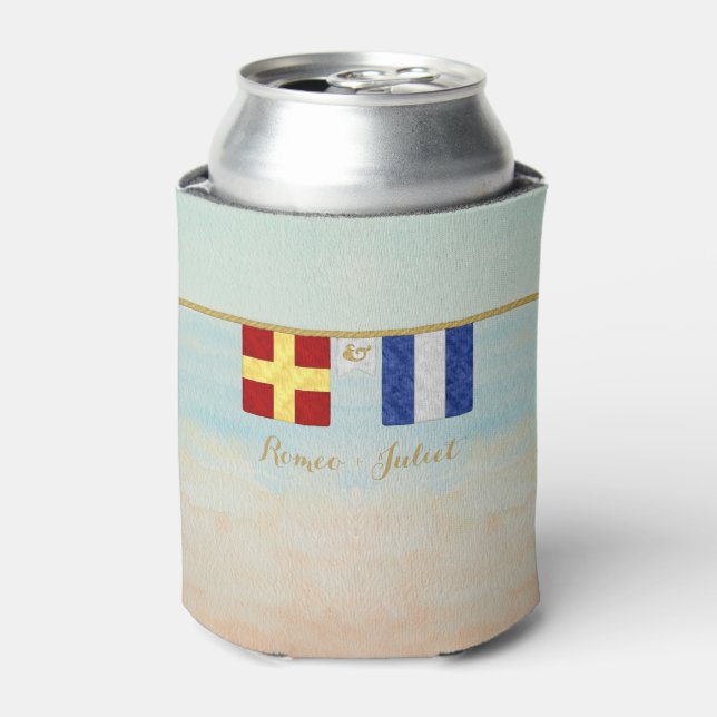 Couples Monogram Maritime Signal Flags Watercolor Can Cooler (Can Front)