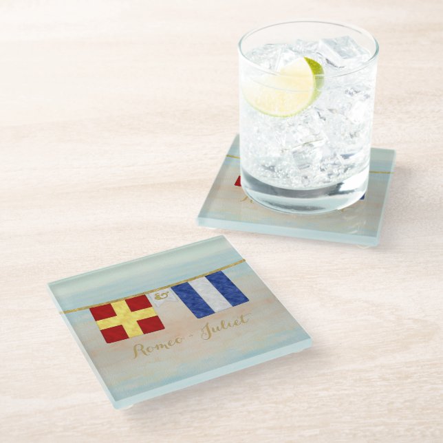 Couples Monogram Maritime Signal Flags Watercolor Glass Coaster (Angled)