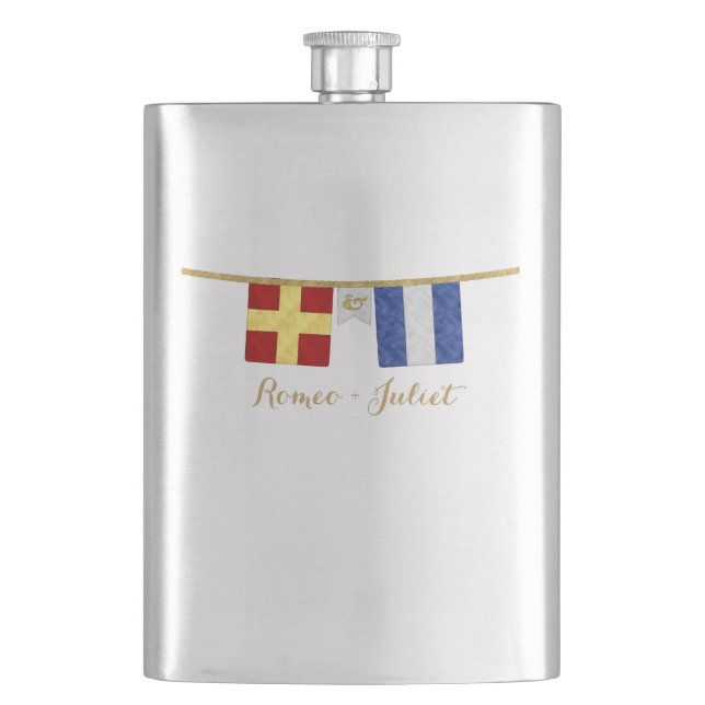 Couples Monogram Maritime Signal Flags Watercolor Hip Flask (Front)