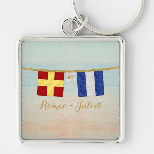 Couples Monogram Maritime Signal Flags Watercolor Keychain (Front)