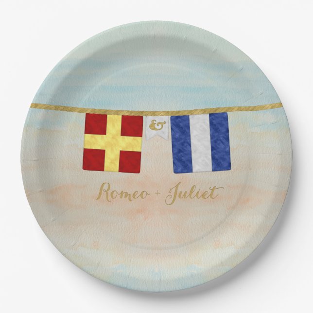 Couples Monogram Maritime Signal Flags Watercolor Paper Plate (Front)