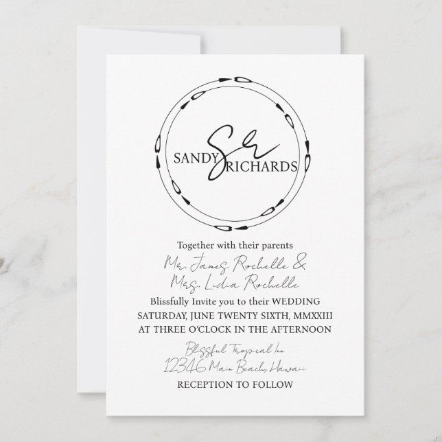 Couples Monogrammed Black White Heart Wedding  Invitation (Front)