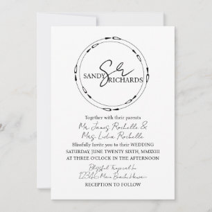Couples Monogrammed Black White Heart Wedding Invitation