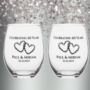 Couples Name 60th Anniversary Gift Original Heart Stemless Wine Glass