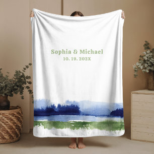 Couple's Name Date Sherpa Blanket Watercolor 