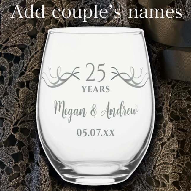 Couples Names 25th Wedding Anniversary Gift Stemless Wine Glass (Custom keepsake 25th wedding anniversary glass. Add couple’s names and date. Elegant modern gift.)