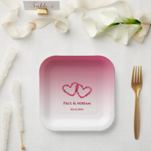 Couple's Names and Date Pink Red Floral Heart Paper Plate