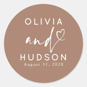 Couple's Names and Heart Modern Brown Wedding Classic Round Sticker
