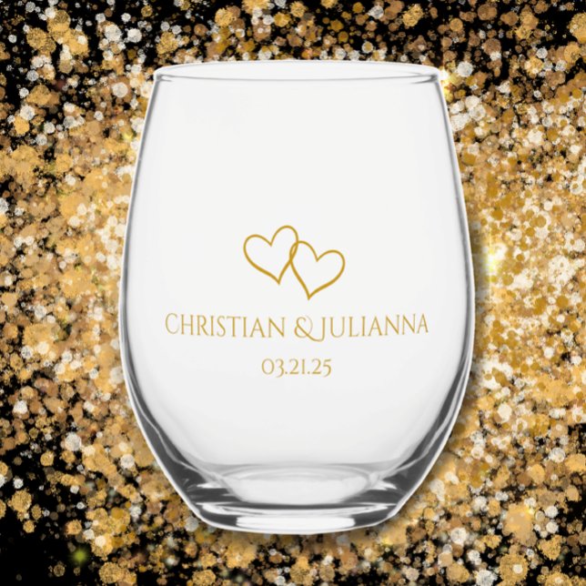 Couple's Names Date Simple Stylish Hearts Wedding Stemless Wine Glass (Modern elegant custom couples names date keepsake glass. Unique hand drawn hearts. Chic golden gift.)
