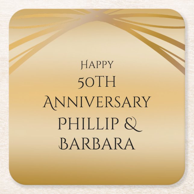 Couple's Names Golden 50th Anniversary Elegant Square Paper Coaster (Front)