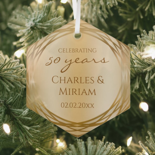 Couples Names Golden 50th Wedding Anniversary Gift Glass Ornament (Insitu)
