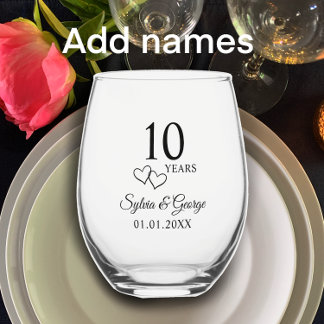 Couple's Names Heart 10th Wedding Anniversary Gift Stemless Wine Glass
