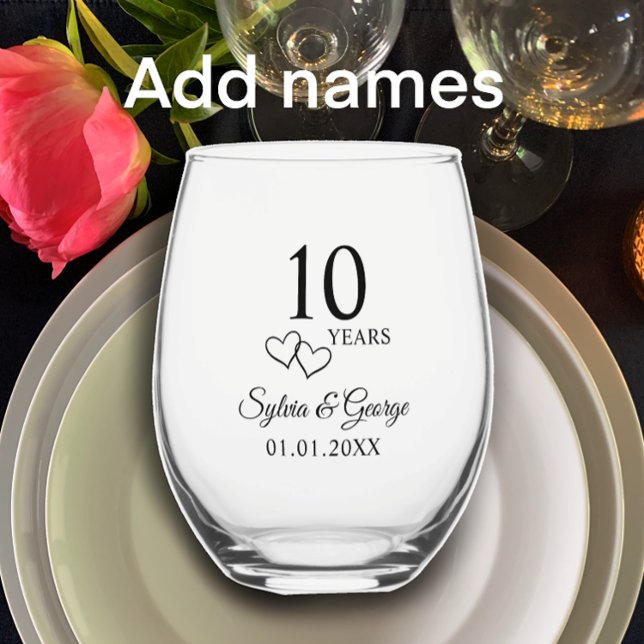 Couple's Names Heart 10th Wedding Anniversary Gift Stemless Wine Glass (Add couples names and anniversary date for a personalized 10th wedding anniversary gift glass.)