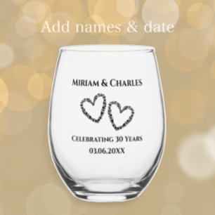 Couple's Names Heart 30th Wedding Anniversary Gift Stemless Wine Glass