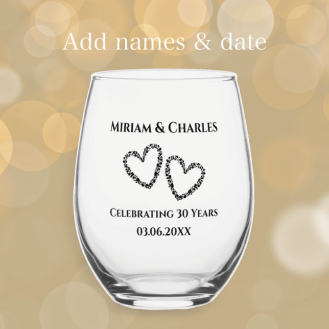 Couple's Names Heart 30th Wedding Anniversary Gift Stemless Wine Glass (Personalize this elegant heart commemorative glass gift with the couple’s names and anniversary date)