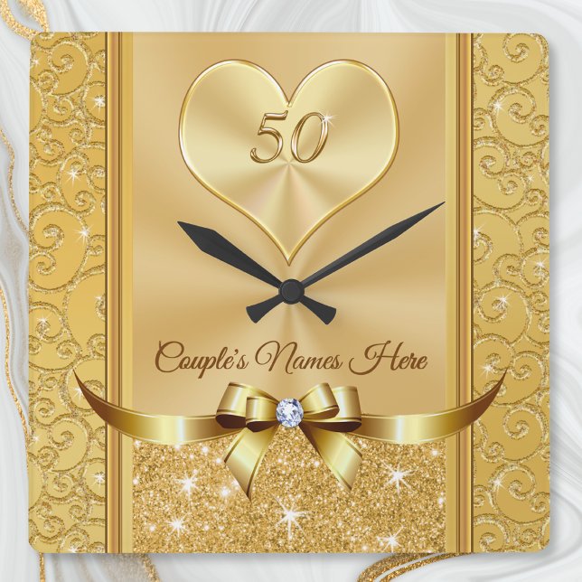 Couple's Names on Stunning 50th Anniversary Clock (50th wedding anniversary wall clock. Wonderful, golden anniversary gift ideas for friends, couple.)