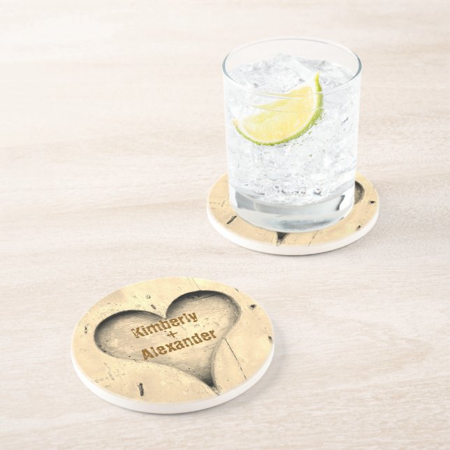 Couple's Names Rustic Tree with Heart Gift Coaster (Side)
