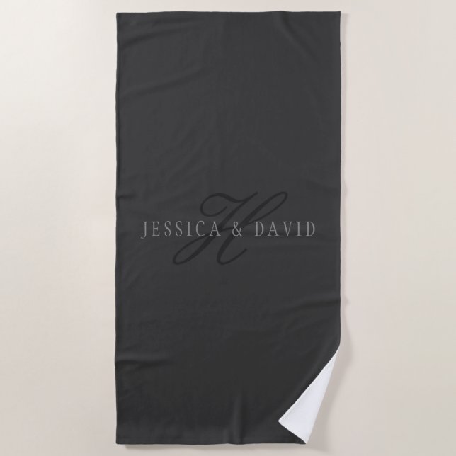Couples Names & Surname Monogram Dark Grey Beach Towel (Front)