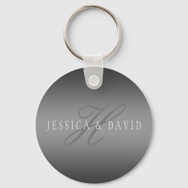 Couples Names & Surname Monogram Gradient Grey Keychain (Front)