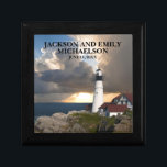 Couple's Names Wedding Date Lighthouse Sunset Gift Box<br><div class="desc">This beautiful Portland Head Lighthouse,  Maine gift box,  personalized for the newlywed couple,  has their names and wedding date on the front.</div>