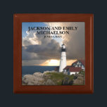 Couple's Names Wedding Date Lighthouse Sunset Gift Box<br><div class="desc">This beautiful Portland Head Lighthouse,  Maine gift box,  personalized for the newlywed couple,  has their names and wedding date on the front. Choose your size and colour.</div>