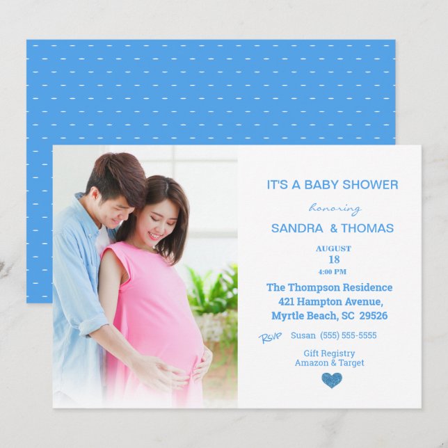   Couples Photo Blue Baby Shower Invitation (Front/Back)