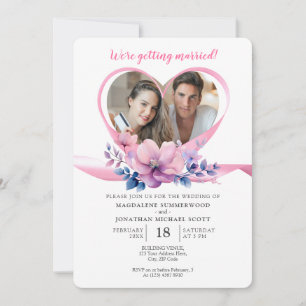Couple's Photo Heart Ribbon Frame & Pink Flowers Invitation