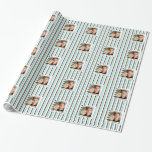 Couples photo personalize wedding wrapping paper<br><div class="desc">A vertically striped pattern in shades of aqua blue and chocolate brown form a background to text and photo templates that may be personalized to suit your special occasion. PHOTO - Replace it with that of the bridal couple, a close friend, family member or work colleague. WORDING - Customize it....</div>
