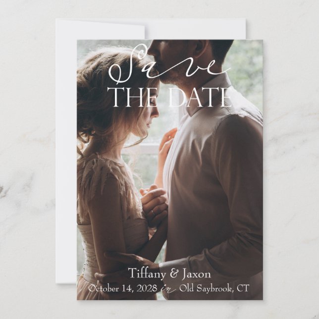 Couple's Picture White Script Text Save The Date (Front)