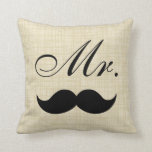 Couples' Pillow, Mr w Black Moustache on Parchment Throw Pillow<br><div class="desc">Couples' Pillow,  Mrs with Black Moustache on Cream Parchment; part of a set,  goes with Mrs with Red Lips</div>