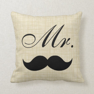 Couples' Pillow, Mr w Black Moustache on Parchment Throw Pillow