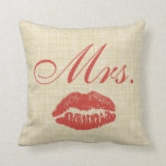 Couples' Pillow, Mrs w Red Lips on Cream Parchment Throw Pillow<br><div class="desc">Couples' Pillow,  Mrs with Red Lips on Cream Parchment; part of a set,  goes with Mr with Black Moustache</div>