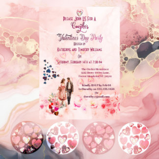 Couples Pink Floral Hearts Valentine's Day Party  Invitation