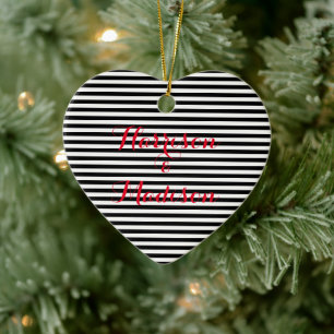 Couple's red names black and white stripes ceramic ornament