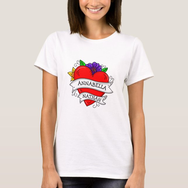Couple's Romantic Heart Tattoo Style Art  T-Shirt (Front)