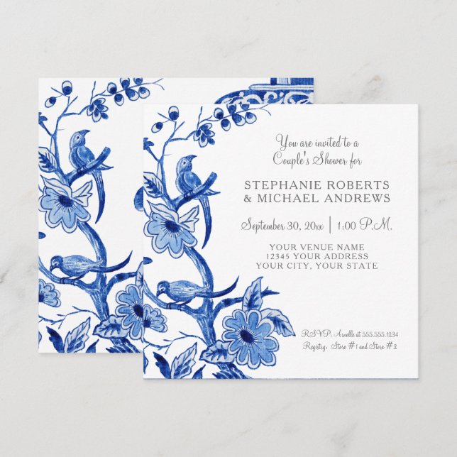 Couples Shower Blue Asian China Floral Watercolor Invitation (Front/Back)
