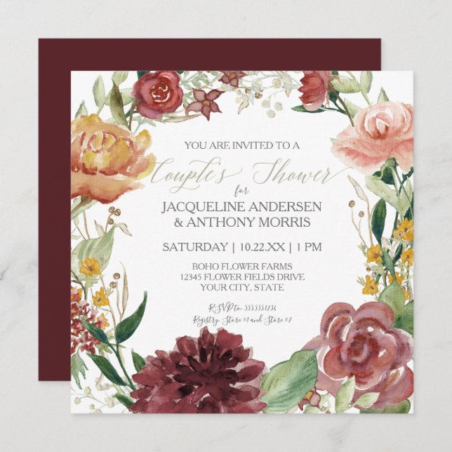 Couples Shower Fall Floral Burgundy Blush Roses Invitation (Front/Back)
