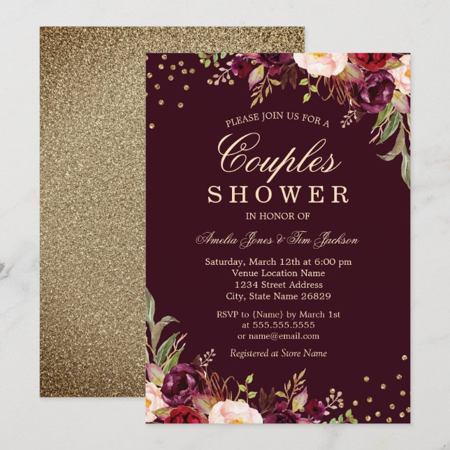 Couples Shower Gold Burgundy floral Sparkle Invitation (Front/Back)