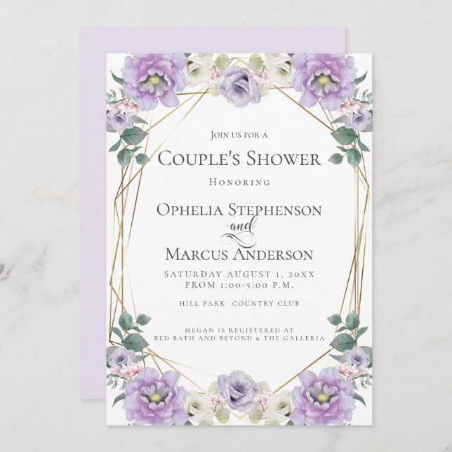COUPLE'S SHOWER | Lavender Peony Flower Gold Frame Invitation (Front/Back)
